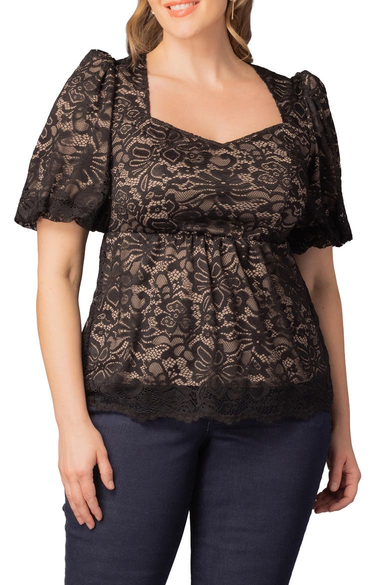 Winsome Puff Sleeve Lace Top, Main, color, BLACK/ NUDE
