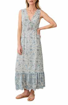 Faherty Eden Floral Print Ruffle Hem Sleeveless Maxi Dress