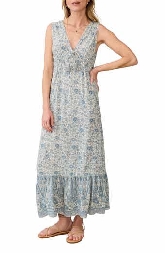 Faherty Eden Floral Print Ruffle Hem Sleeveless Maxi Dress