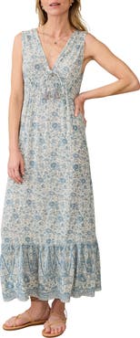Faherty Eden Floral Print Ruffle Hem Sleeveless Maxi Dress
