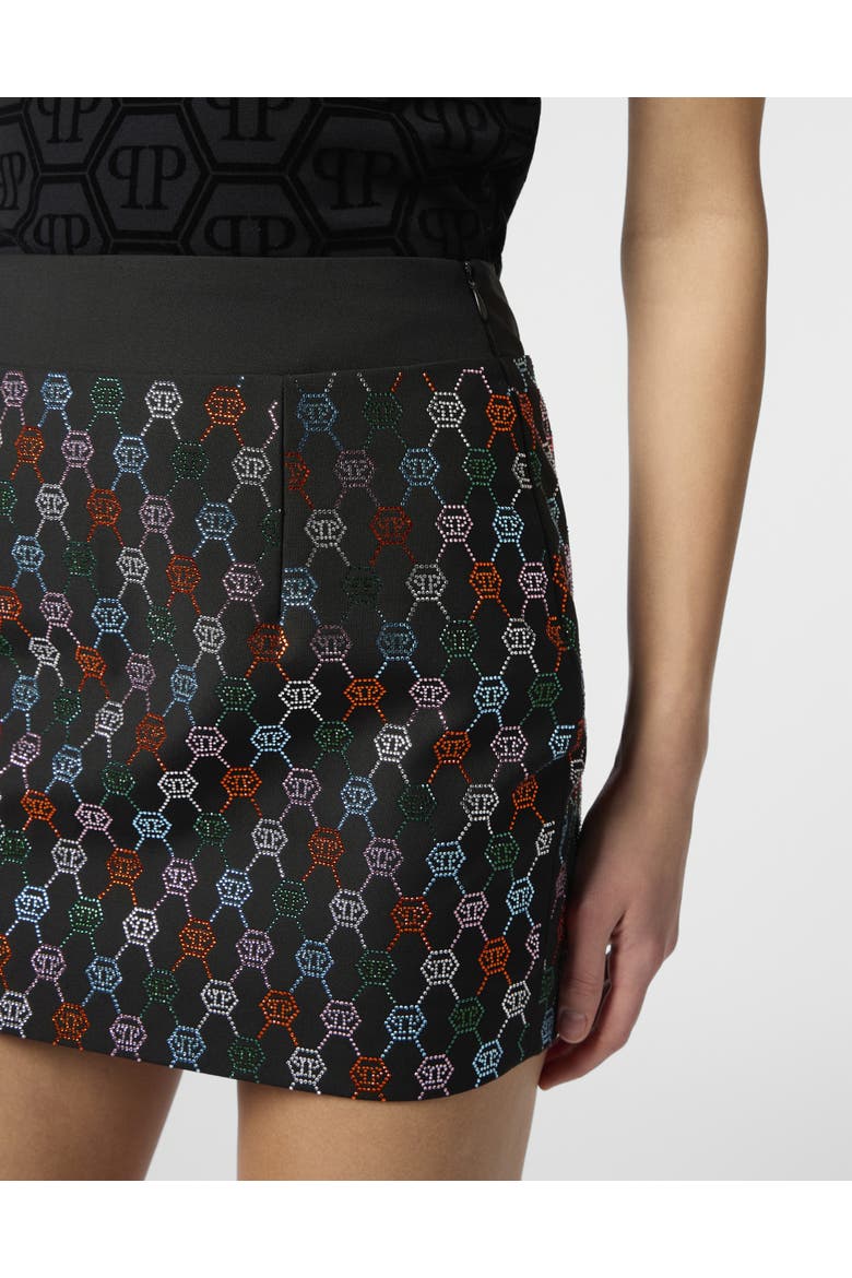 Mini Skirt Multicolor Monogram Strass Women, Alternate, color, black