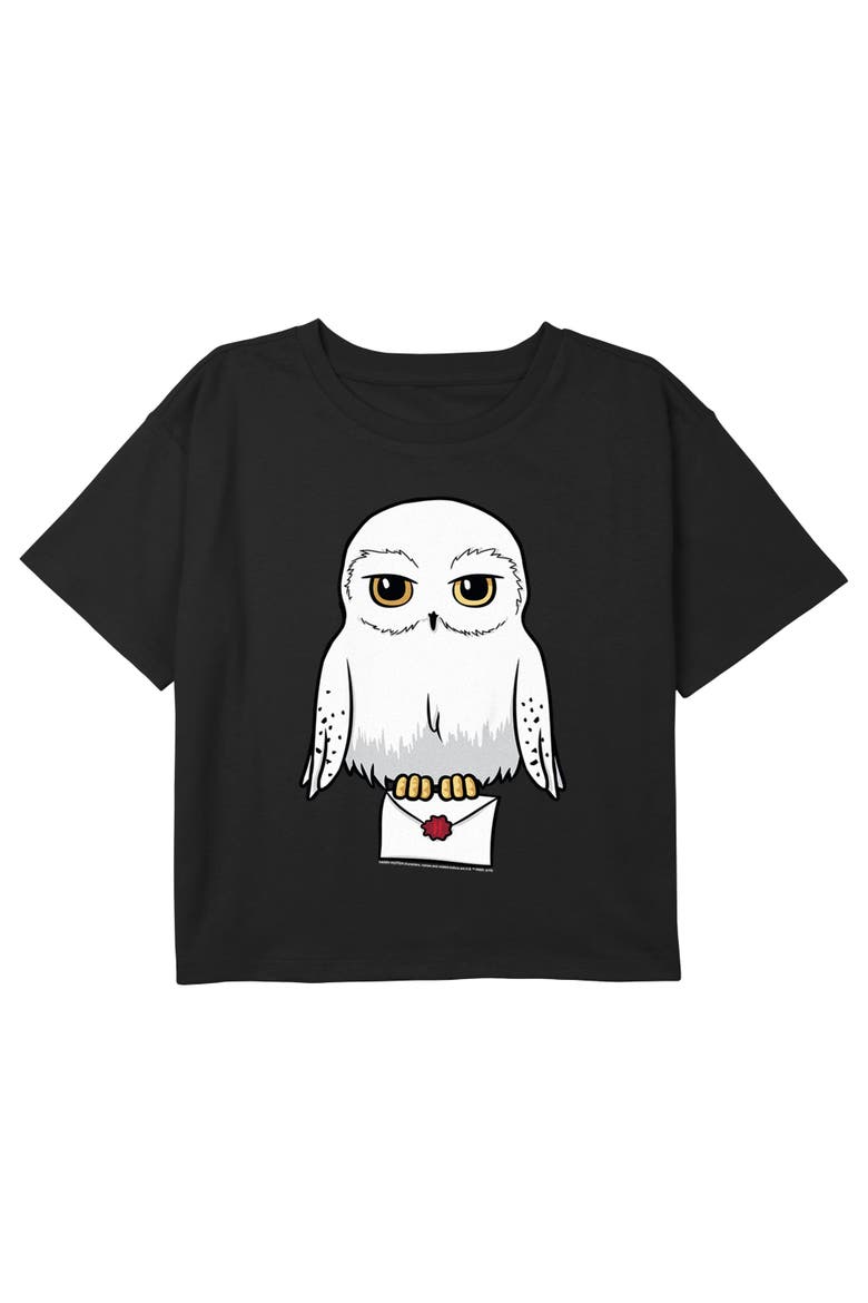 Girls' Cute Cartoon Hedwig Letter Graphic Cropped T-Shirt, Main, color, Black