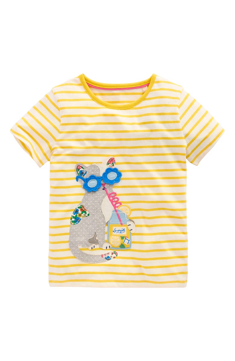 Mini Boden Kids' Stripe Kitty Appliqué Lift the Flap Cotton Graphic T-Shirt, Main, color, Pineapple Yellow / Ivory Cat