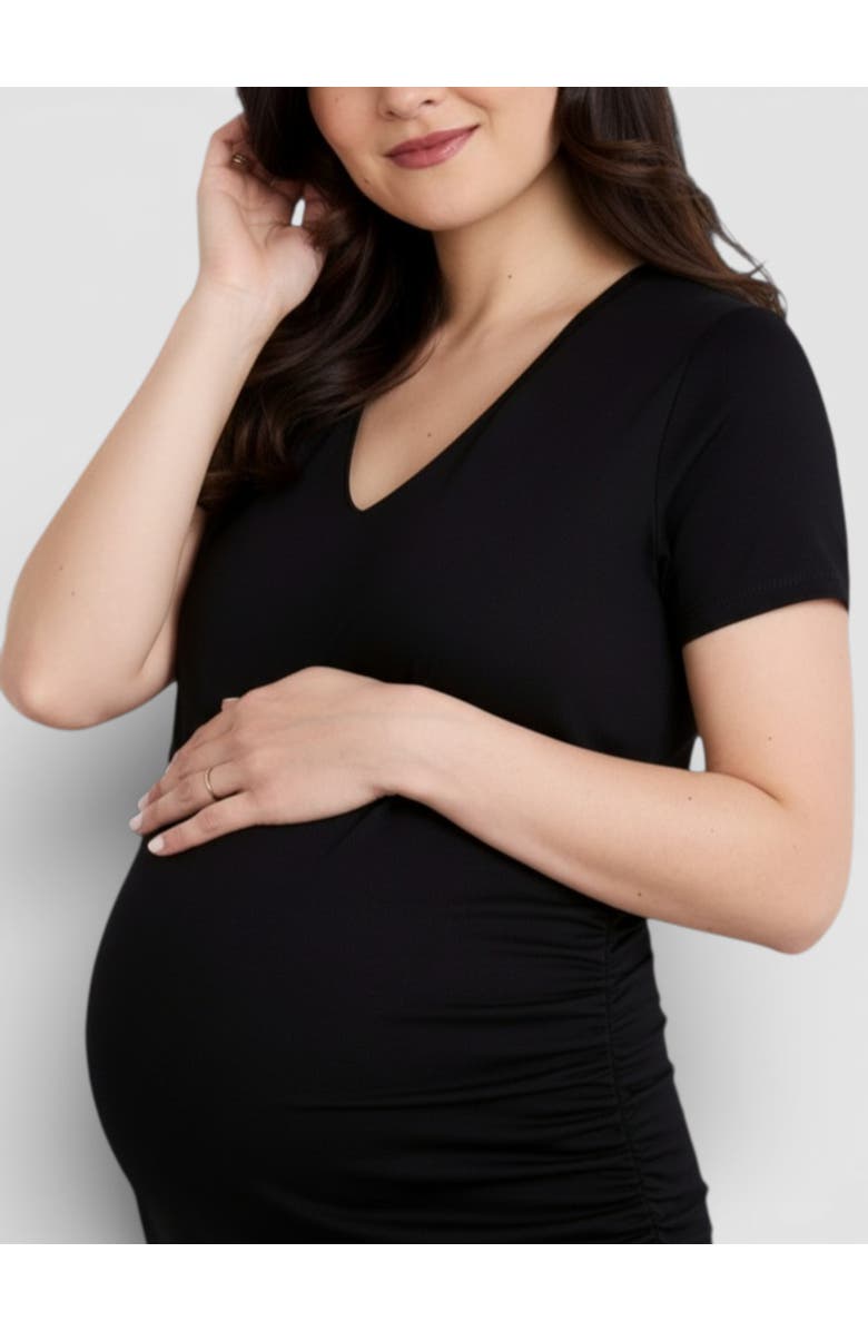 MOTHERHOOD MATERNITY V-Neck Short Sleeve Side Ruched Bodycon Mini Dress, Alternate, color, Black