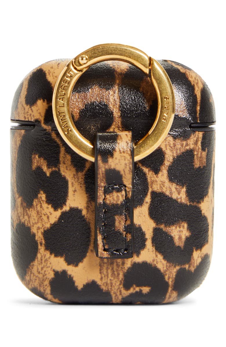 Saint Laurent Leopard Heart Print Leather AirPods Case, Alternate, color, 