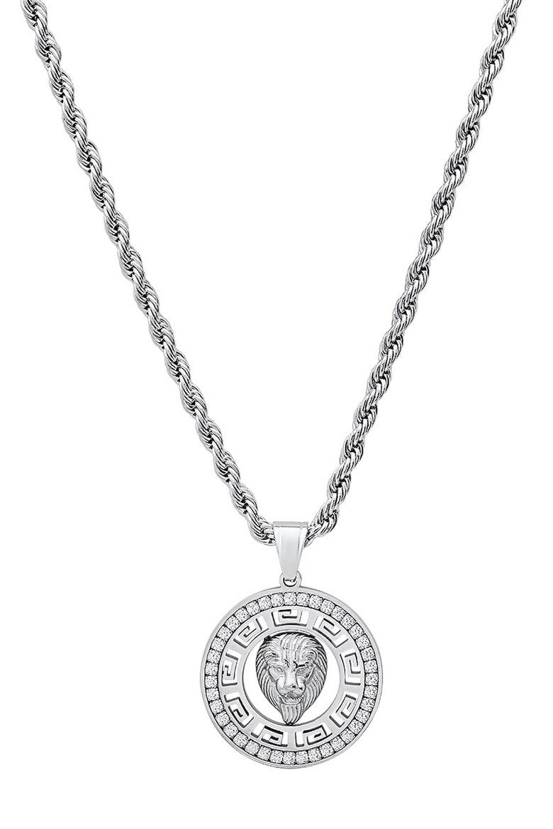 Men's Stainless Steel Simulated Diamond Lion Pendant Necklace, Main, color, SILVER