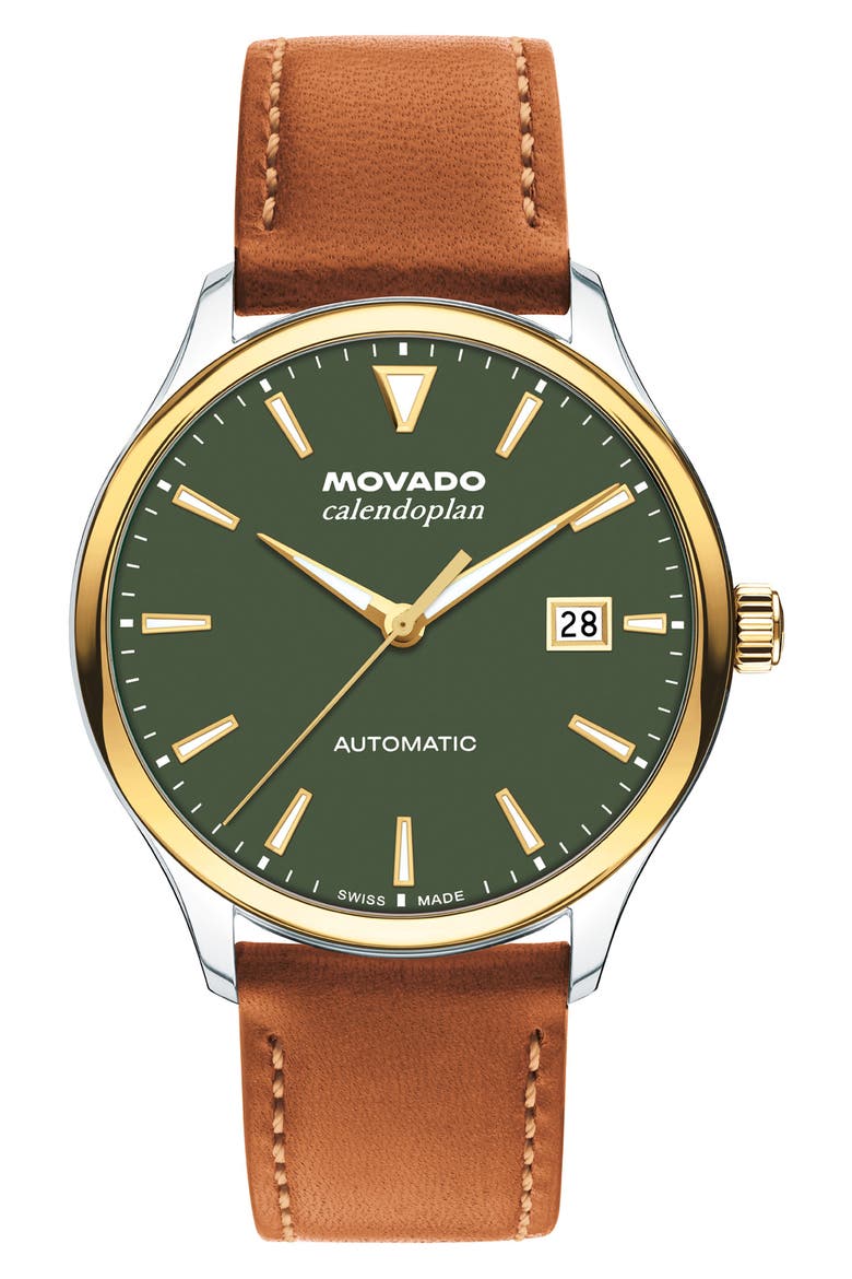 Calendoplan Automatic Leather Strap Watch, 40mm, Main, color, GREEN