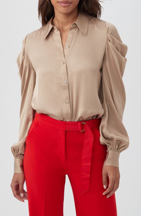 Bashira Pleated Puff Sleeve Silk Blend Button-Up Shirt