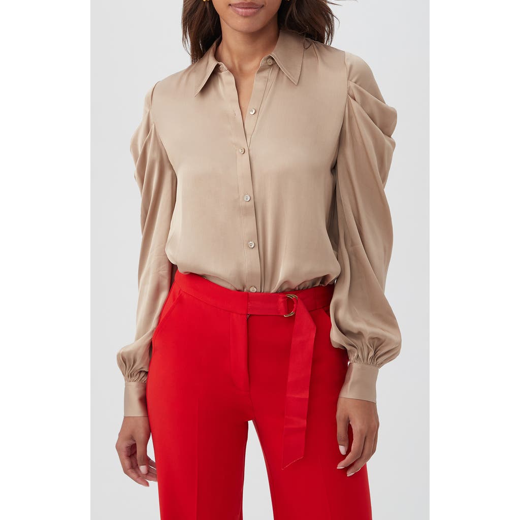 Shop Trina Turk Bashira Pleated Puff Sleeve Silk Blend Button-up Shirt In Gold