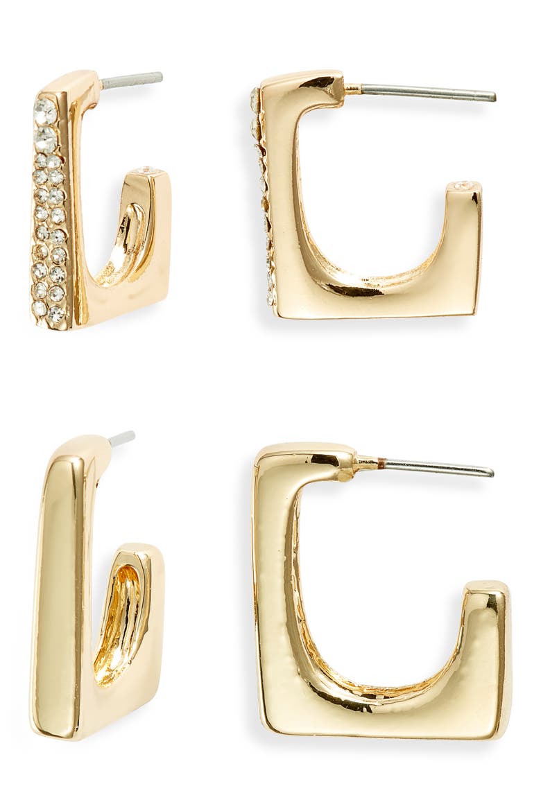 Set of 2 Squared Hoop Earrings, Main, color, CLEAR- GOLD