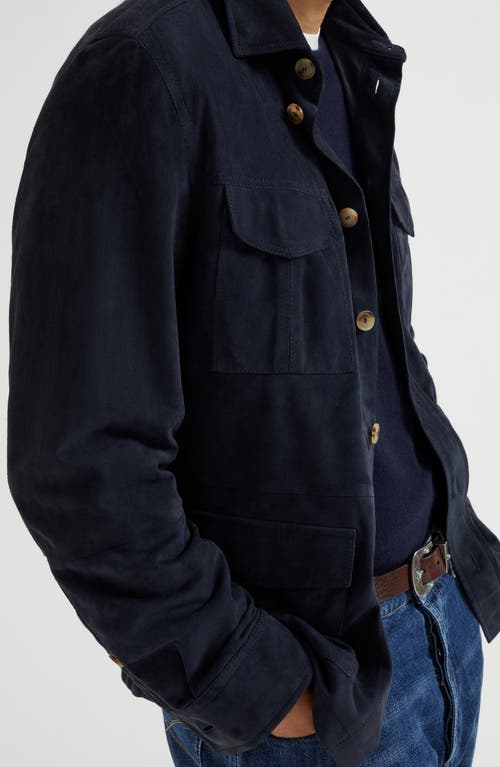 Brunello Cucinelli Suede Leather Shirt Jacket In Navy Blue