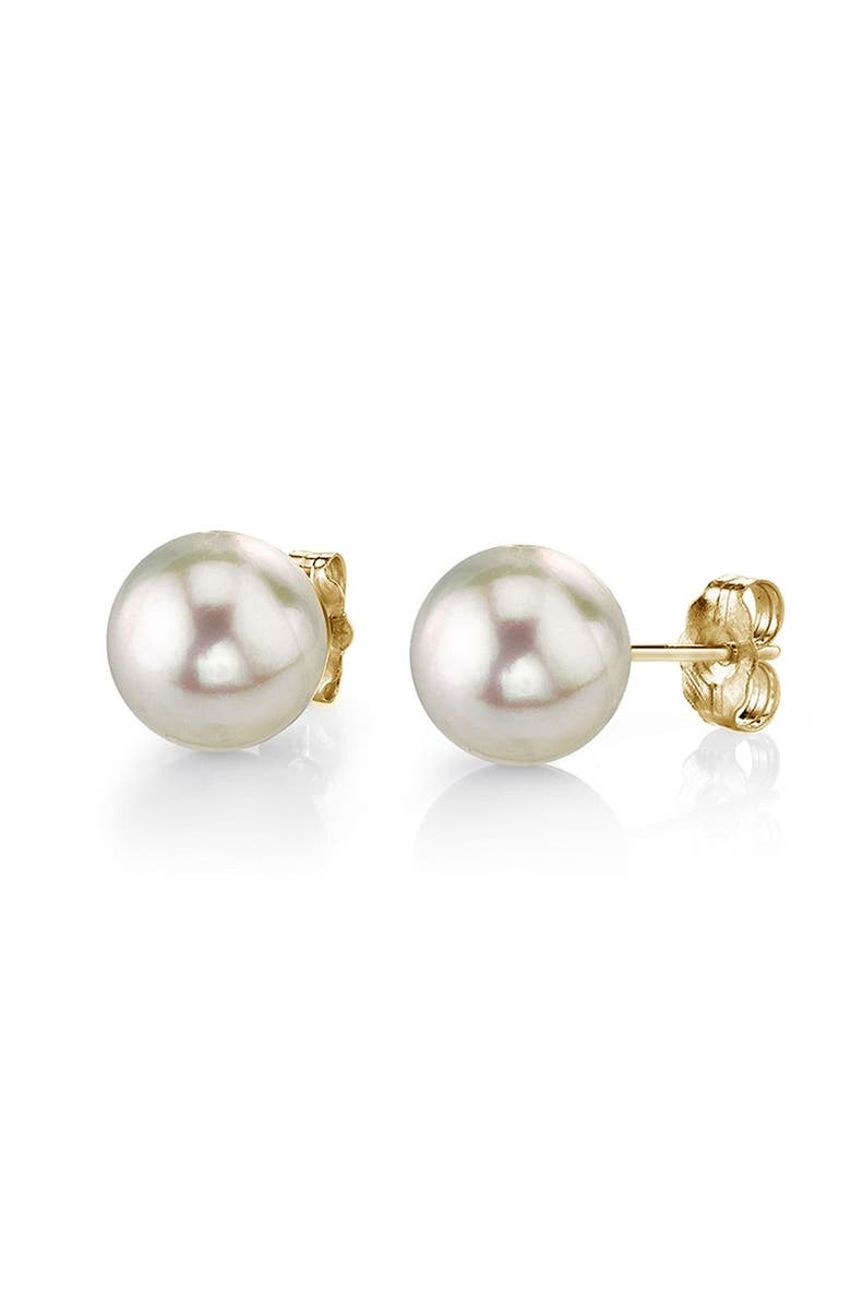 The Pearl Source Akoya Round Pearl Stud Earrings 8.5-9mm, Main, color, White Pearl - Yellow Gold
