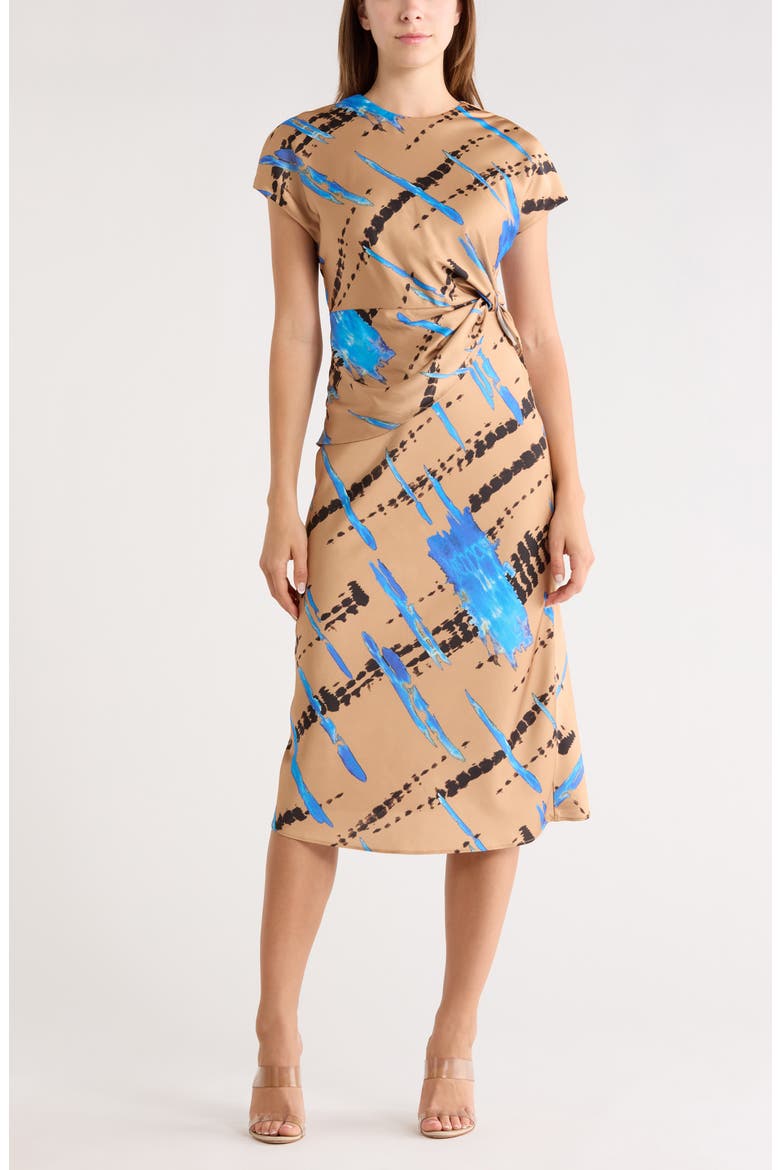 Avery Print Front Twist Dress, Main, color, TAN ABSTRACT