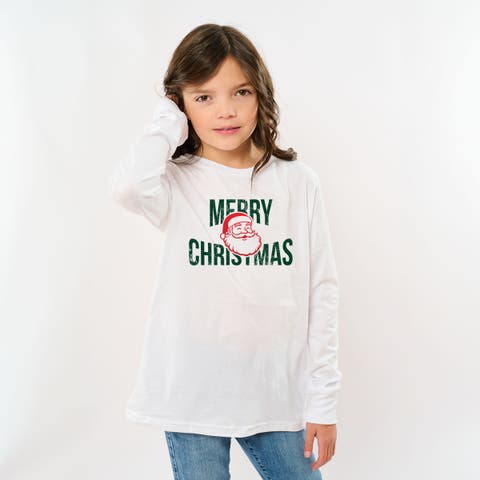 Merry Christmas Arched Glitter Santa Long Sleeve T-Shirt (Little Kid & Big Kid)