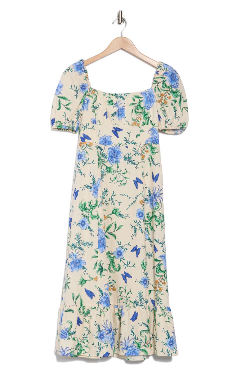 London Times Floral Short Sleeve Linen Blend Midi Dress, Alternate, color, 
