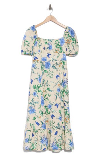 London Times Petite Linen-blend Floral-print Maxi Dress In Cream/dn Blue