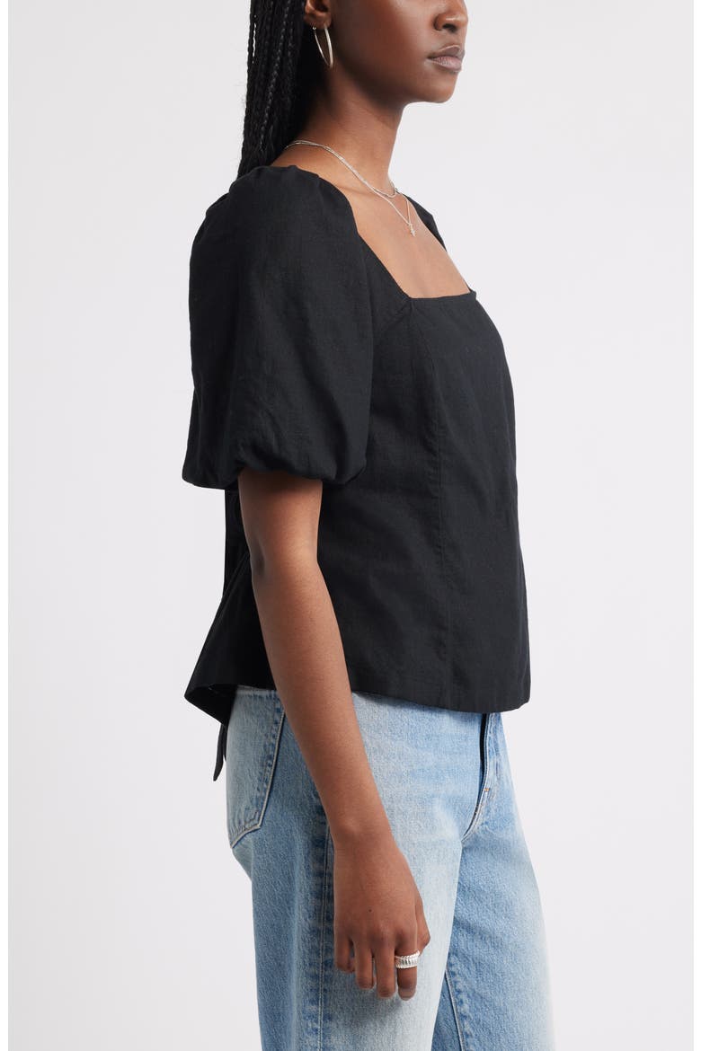 Tie Back Puff Sleeve Linen Blend Top, Alternate, color, BLACK