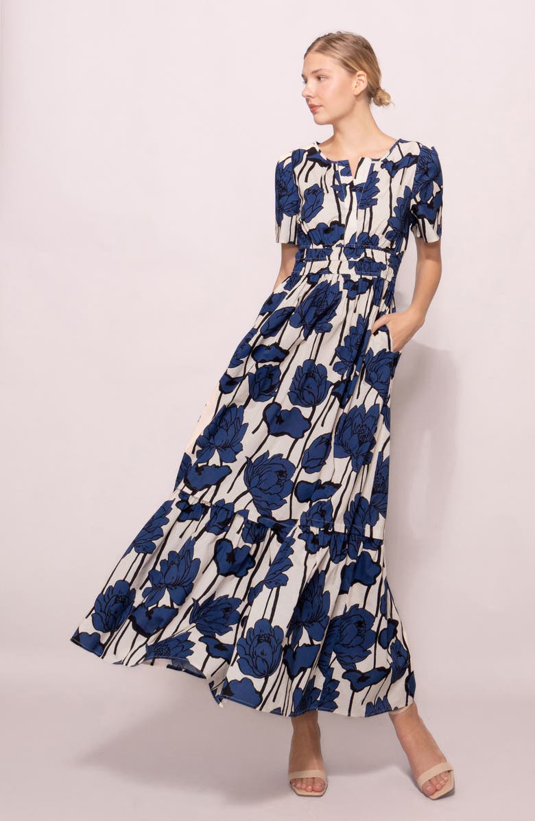 MELLODAY Printed Poplin Maxi Dress, Alternate, color, Ivory Navy