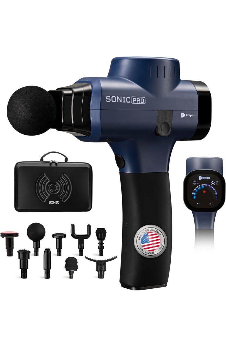 Lifepro Sonic Pro Deep Tissue Massage Gun Handheld Percussion Massager with 10 Speeds, 9 Heads, Main, color, Blue