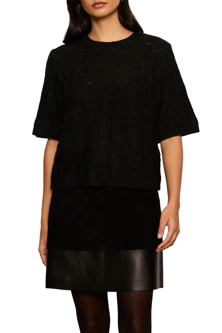 Pointelle Short Sleeve Sweater, Main, color, BLACK