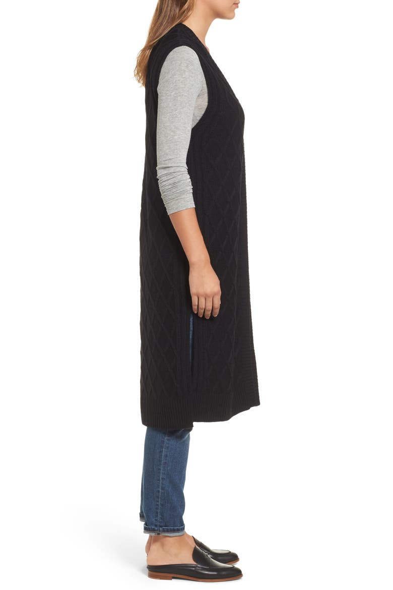 Cable Stitch Long Sweater Vest, Alternate, color, BLACK