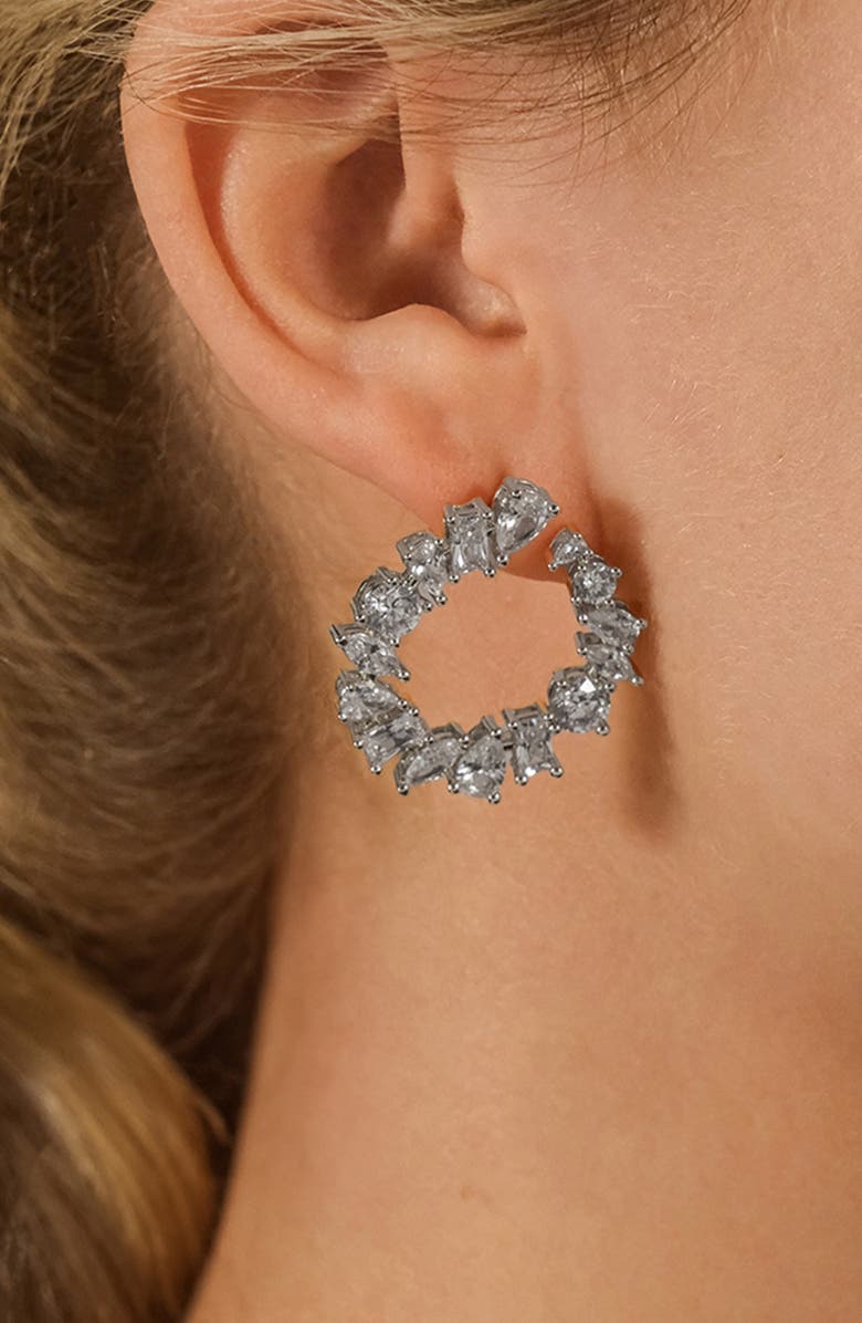 Sterling Forever Shania Cubic Zirconia Frontal Hoop Earrings, Alternate, color, Silver