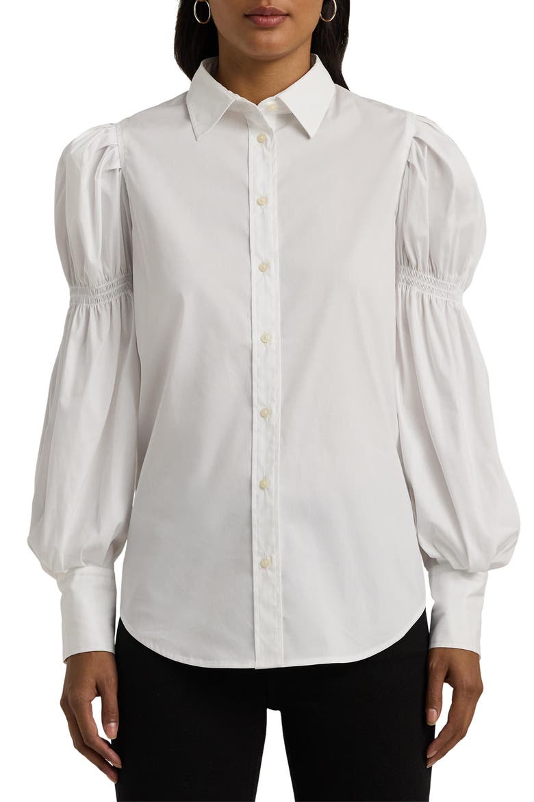 Blouson Sleeve Cotton Blend Shirt, Main, color, WHITE