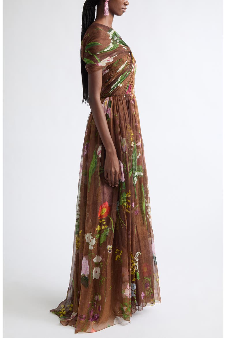 Floral One-Shoulder Silk Chiffon Gown, Alternate, color, BROWN MULTI