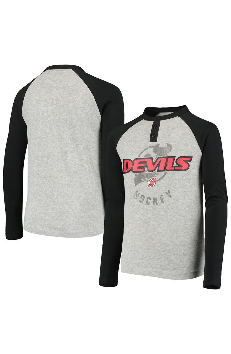 Outerstuff Youth Gray New Jersey Devils Athlete Henley Long Sleeve Raglan T-Shirt, Main, color,