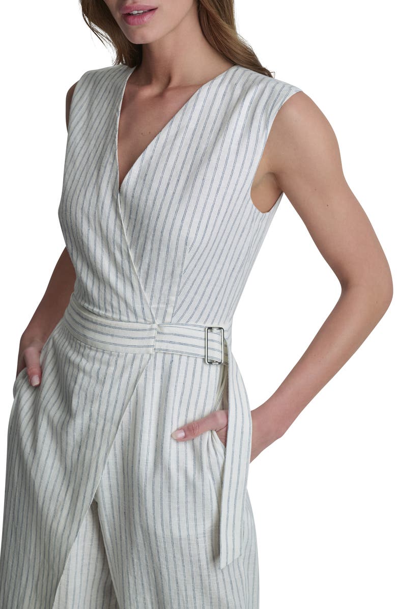 DKNY Stripe Linen Blend Crop Jumpsuit, Alternate, color, Ivory/Admiral