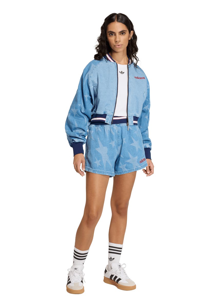 adidas Originals SST Denim Graphic Varsity Bomber Jacket, Alternate, color,