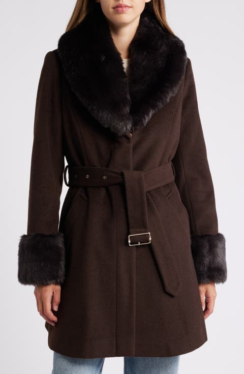 Belted Wool Blend Coat with Faux Fur Trim
