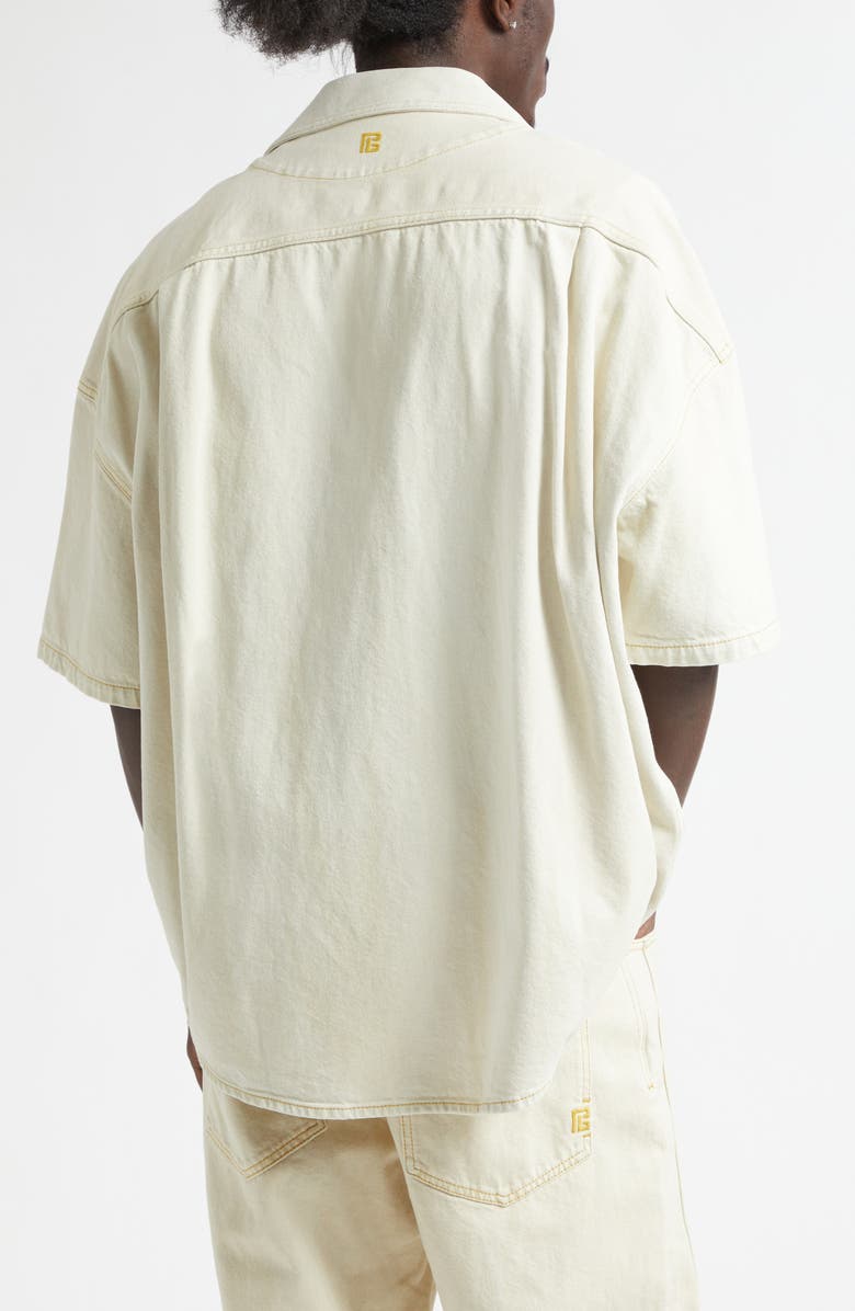 Balmain Oversize Denim Camp Shirt, Alternate, color, Beige
