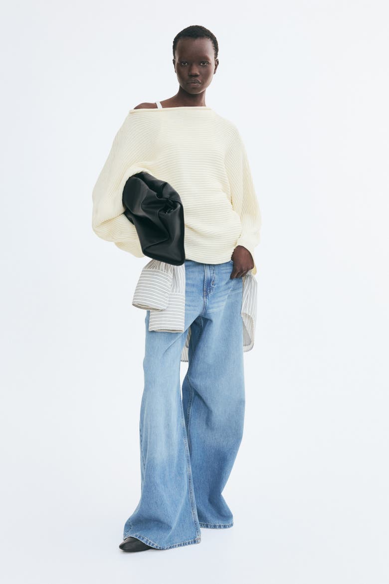 Boat-Neck Rib-Knit Sweater, Alternate, color, Cream