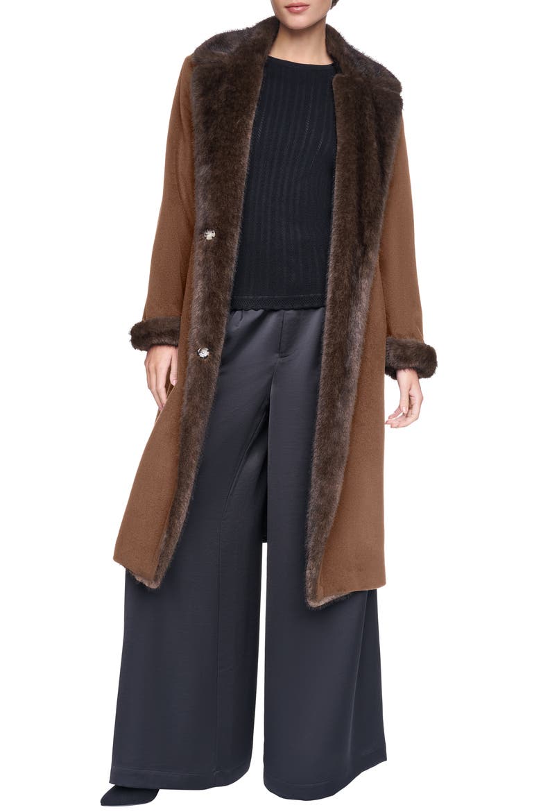 Belted Wool Blend Coat with Faux Fur Trim, Alternate, color, VICUNA
