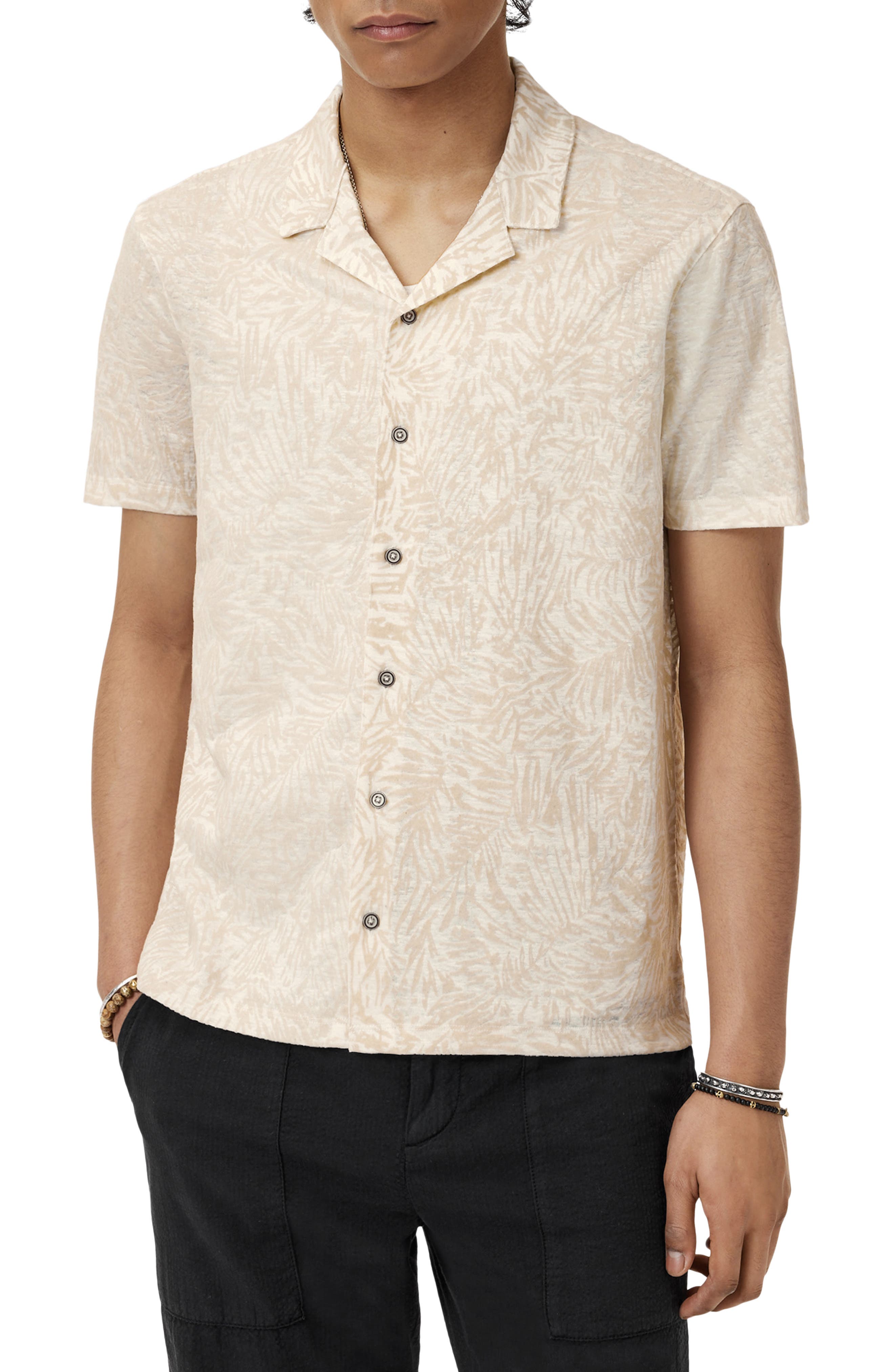 John Varvatos Matera Frond Jacquard Short Sleeve Organic Linen Button-Up Shirt
