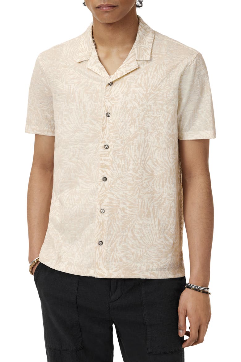 Matera Frond Jacquard Short Sleeve Organic Linen Button-Up Shirt, Main, color, MARBLE
