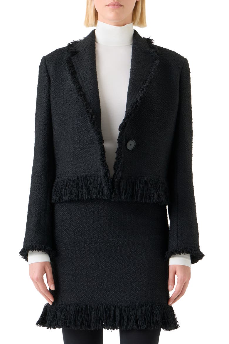 Fringe Bouclé Tweed Crop Jacket, Main, color, BLACK