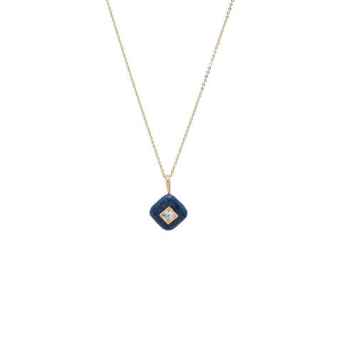 CZ Square Bezeled Natural Stone Pendant Necklace