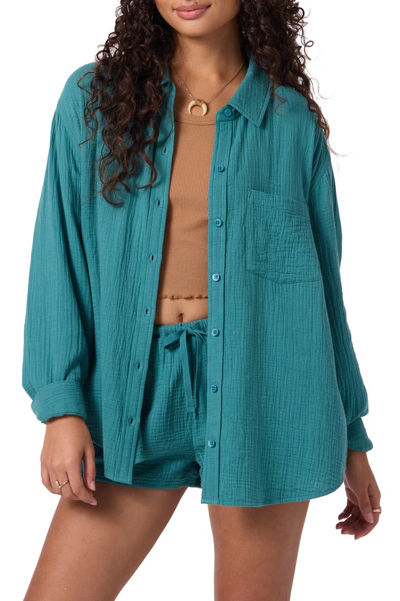 Leni Oversize Cotton Gauze Button-Up Shirt, Main, color, NORTH SEA