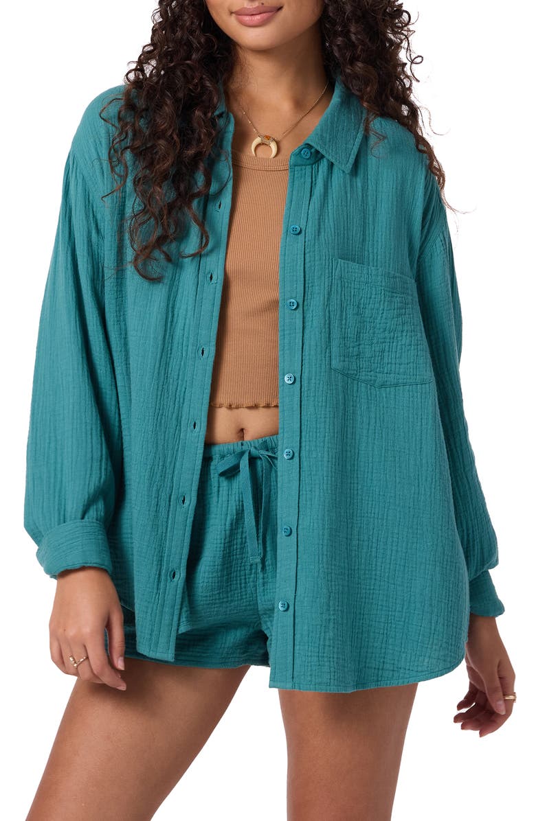 O'Neill Leni Oversize Cotton Gauze Button-Up Shirt, Main, color, North Sea