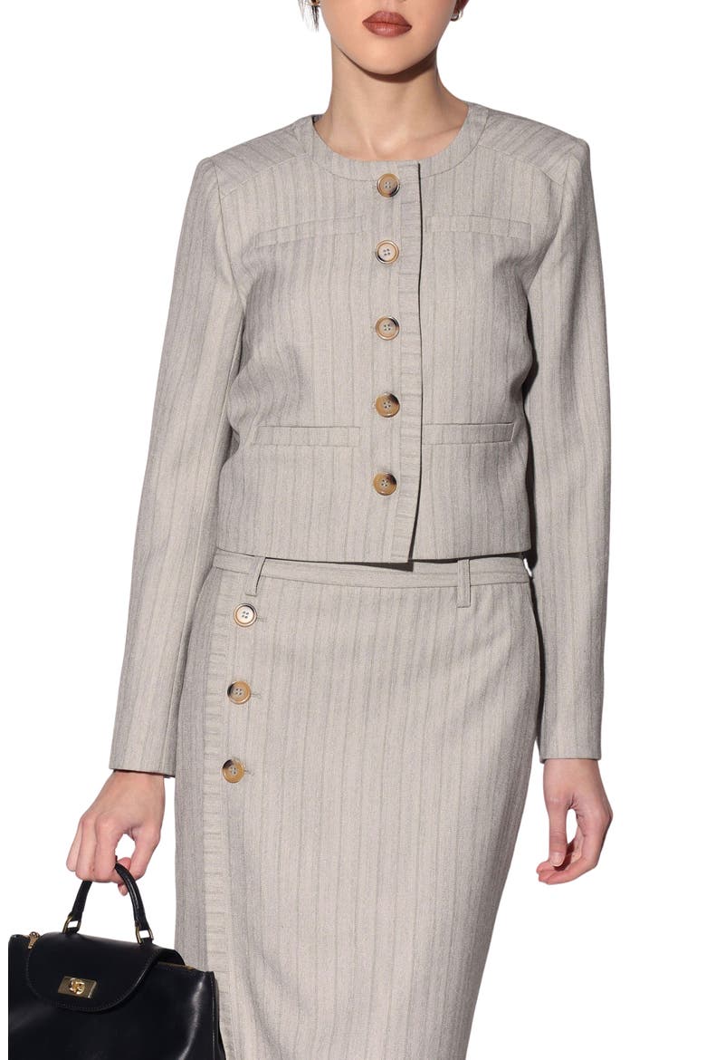 Trina Pinstripe Cropped Jacket, Main, color, TAUPE STRIPE