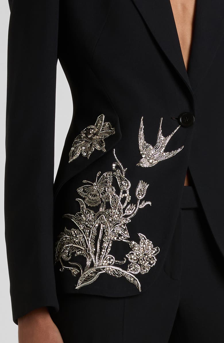 McQueen Tattoo Embroidery Peak Shoulder Crepe Blazer, Alternate, color, Black