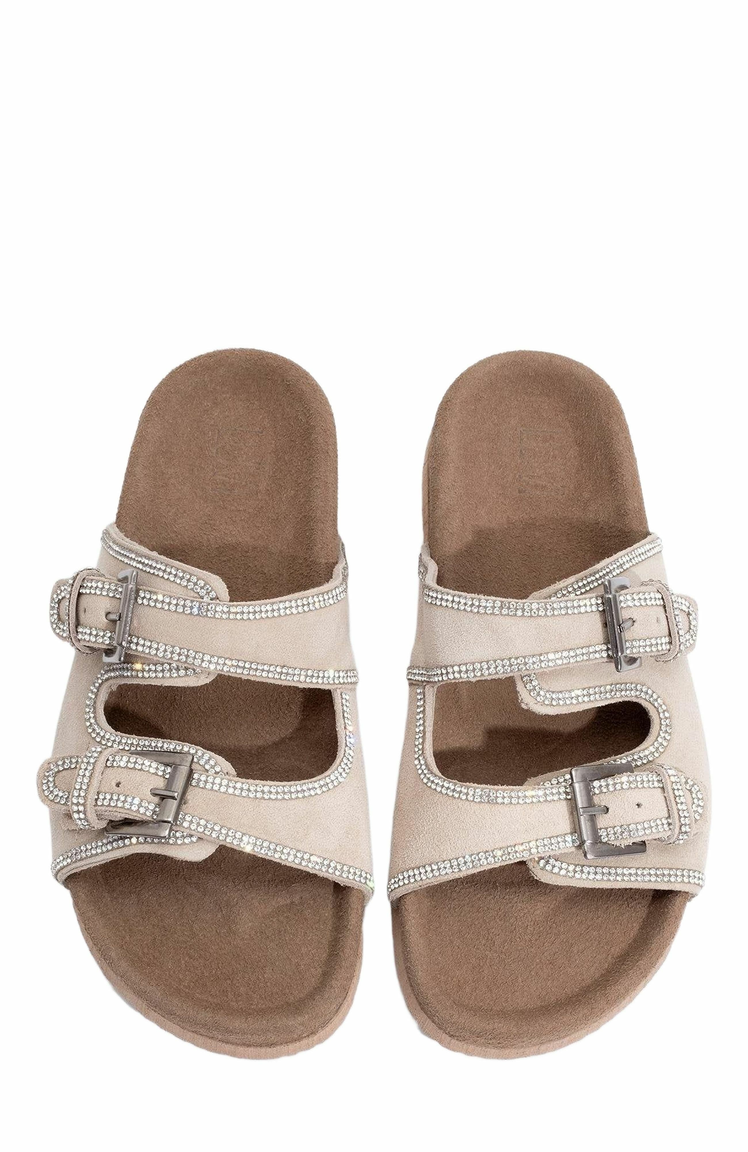 Allen Rhinestone Leather Slide Sandal, Alternate, color, Beige Leather
