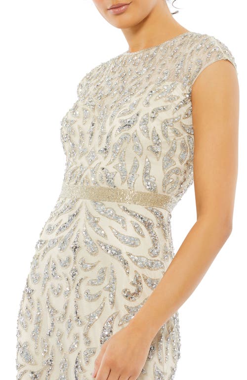 Mac Duggal Embellished Illusion Cap Sleeve Column Gown In Silver Nude