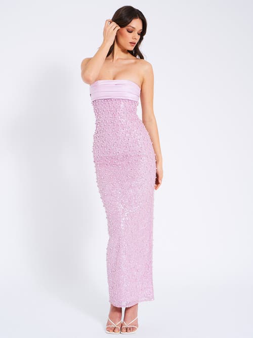 Miss Circle Lainey Satin Strapless Party Sequin Pearl Beaded Maxi Dress In Purple