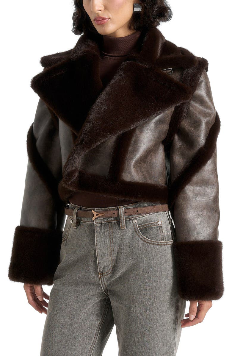 Manière De Voir Kena Vintage Leather & Plush 2-in-1 Gilet Jacket, Alternate, color, Brown