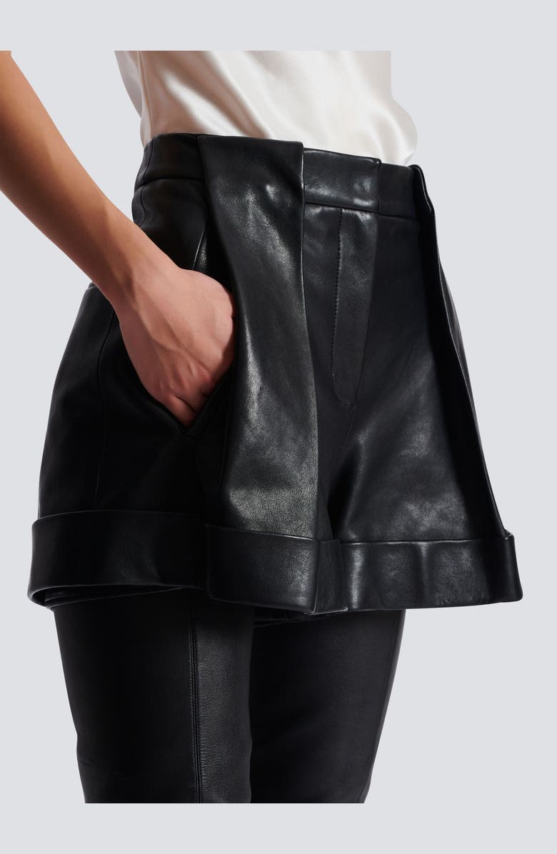 Balmain Pleated Lambskin Shorts, Alternate, color, 