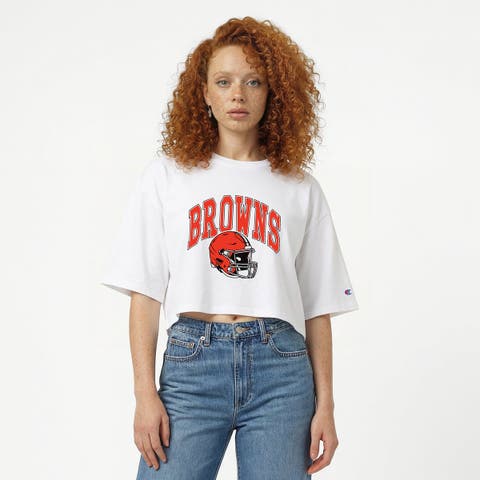 Women's Champion White Cleveland Browns Boyfriend Cropped T-Shirt