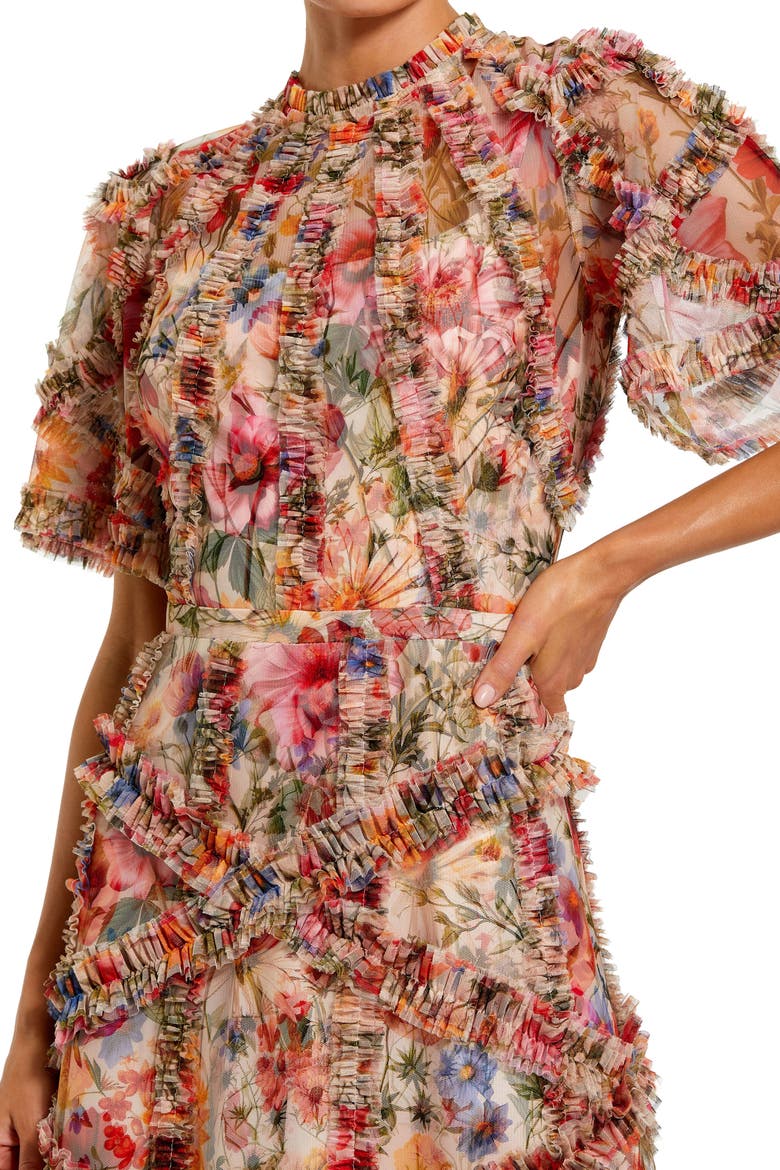 Floral Flutter Sleeve Mesh Print Dress, Alternate, color, Cream Multi